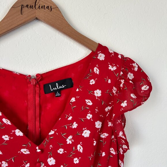 Lulus Jumpsuit Womens Small Red Flirty Floral Print Ruffle S - Picture 9 of 9